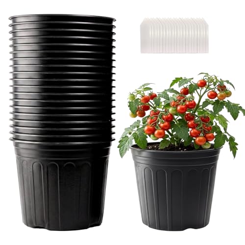 Tulpeed 25 Pack 2 Gallon Flexible Plant Nursery Pots Plastic Seedling Starting Pots with Drainage Holes Soft Flower Pots Plant Container with Plant Labels Black