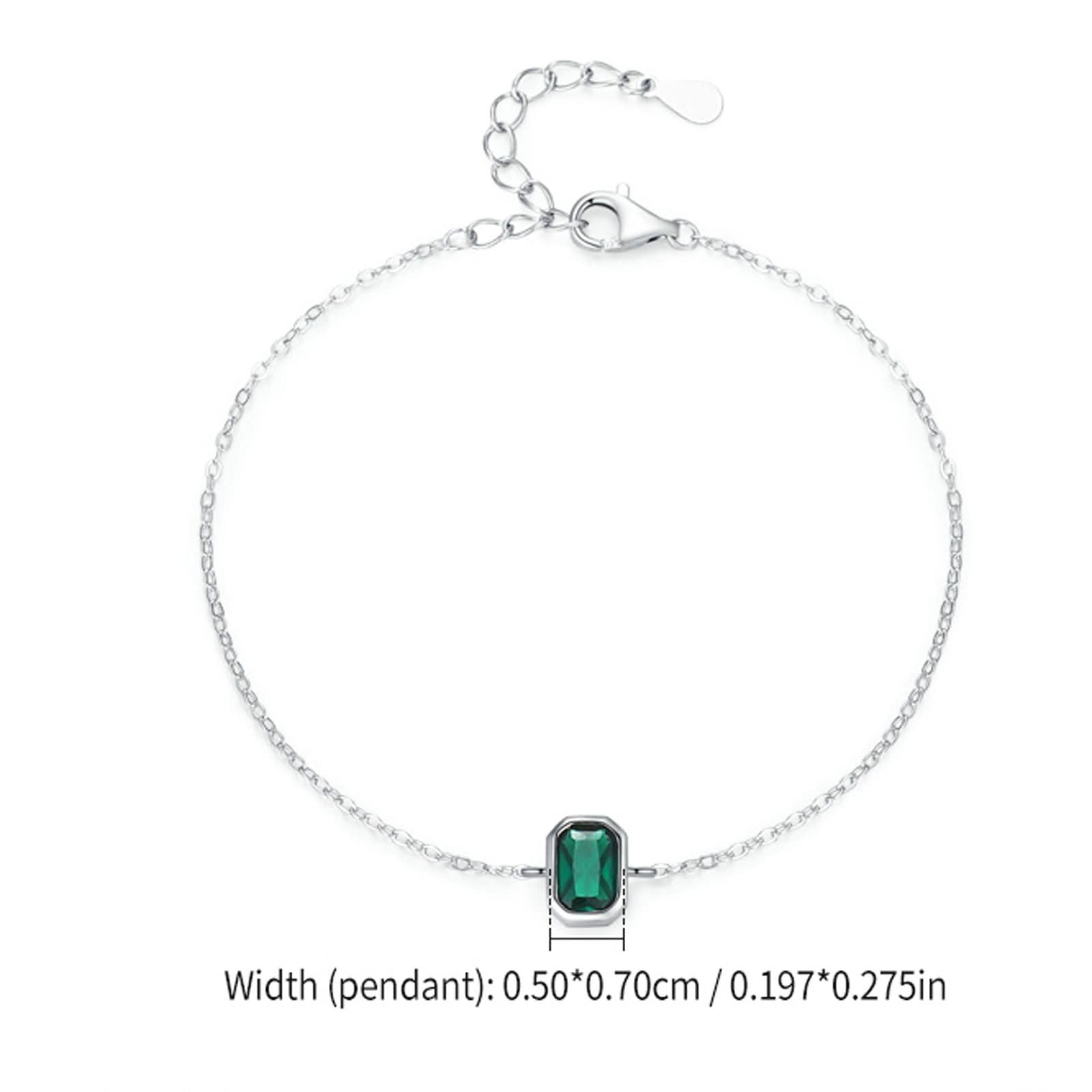 Pulsera de Mujer de Oro Blanco 9 Kilates / 14 Kilates / 18 Kilates, Rectángulo con Esmeralda Creada, Cadena Extensible 16 CM + 5 CM, Pulsera de Plata Verde de Mujer