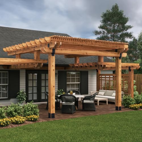 Image of Ozco Ironwood 6x6 Post Base Kit, Includes 1 Post Base Plate, 4 Decorative Plates, 8 Hex Cap Nuts, OWT Timber Screws, Galvanized Steel for Pergolas | 56638