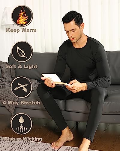 Vicherub Thermal Underwear For Men Fleece Lined Long Johns Thermals Top And Bottom Set Base Layer For Cold Weather Black M #TOP3