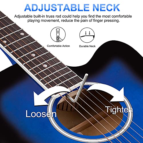Vangoa Acoustic Guitar, 41 Inch Full Size Cutaway Acoustic Guitar Kit With Padded Case, Tuner, Strap, Picks, Capo, Extra Strings For Beginners, Blue #TOP3