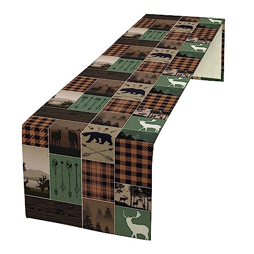 Image of Rustic Country Cabin Hunting Moose Table Runner,Retro Green Patchwork Bear Deer Hunting Wild Animal Plaid Checkered for Kitchen Dining Room 13x120in