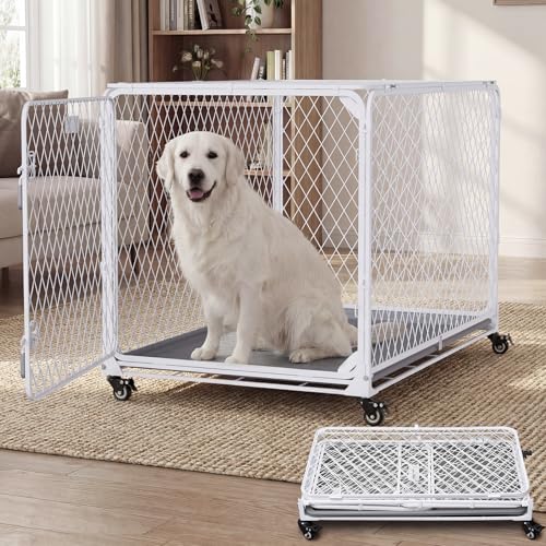 42 Inch Collapsible Dog Crate with Diamond Mesh No-Tool Assembly Foldable Dog Kennel with 4 Lockable Wheels Removable Tray Portable Dog Cage for Medium/Large Dogs Space-Saving Indoor Outdoor Use