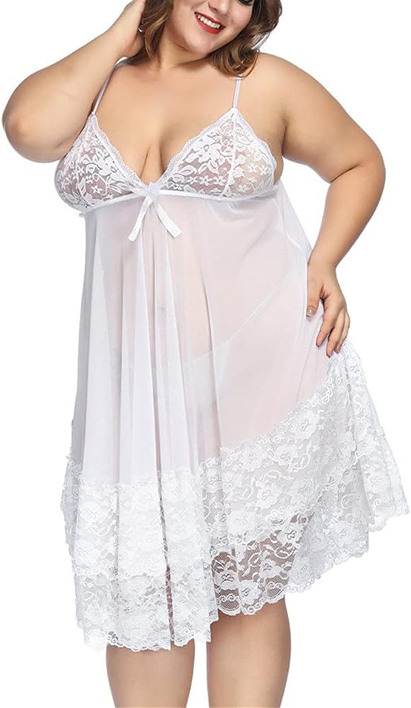 NicefulWomen Plus Size Lingerie Lace Teddy Babydoll Dress Bodysuit Halter Teddy V Neck Sleepwear , S-7XL