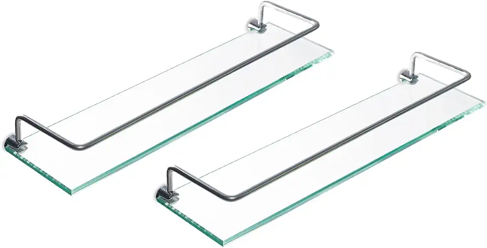 Prateleira de Vidro com Aro para Banheiro Cristale, 10x40 cm, Kit com 2 Unidades, Suporte Cromado - Porta Shampoo Retangular
