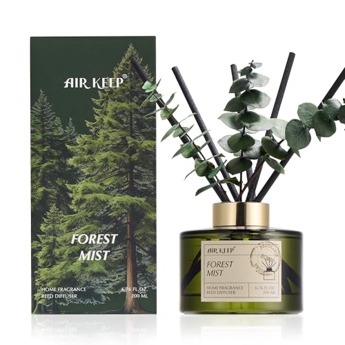 Airkeep Reed Diffuser Set with 6.76 fl oz Forest Mist Scent Essential Oils and 3 Leaves & 8 Diffuser Sticks Bathroom Shelf Decor & Air Freshener House Bedroom Office Decor & Gifts