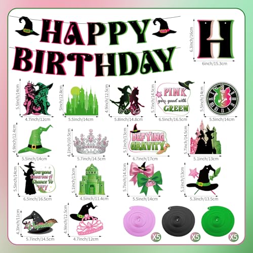 Image of Hooqict Witch Birthday Decorations Pink and Green Happy Birthday Banner with 15Pcs Hanging Swirl Ceiling Streamers for Girls Women Princess Witch Movie Themed Party Decorations Supplies