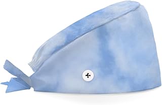 Bouffant Scrub Caps Printed Working Surgical Cap Sky Clouds Nurse Hats with Buttons and Sweatband Adjustable Tie Back Hat for Women Men Multi Color