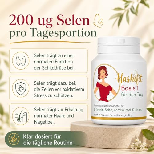 Hashifit Basis 1, Schilddrüse Komplex mit Selen, L-Tyrosin Yamswurzel Kurkuma und mehr, Wechseljahre Kapseln, Hashimoto Kapseln – Energie und Wohlbefinden, hochdosiert vegan, ohne Jod, Monatspackung
