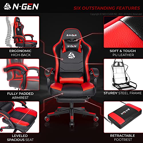 N-Gen Gaming Chair With Footrest Levelled Seat Style Pu Leather Adjustable Ergonomic Lumbar Support High Back Office Swivel Computer Desk Headrest Design E-Sports Pc Gamer Height Reclining (3. Red) #TOP1