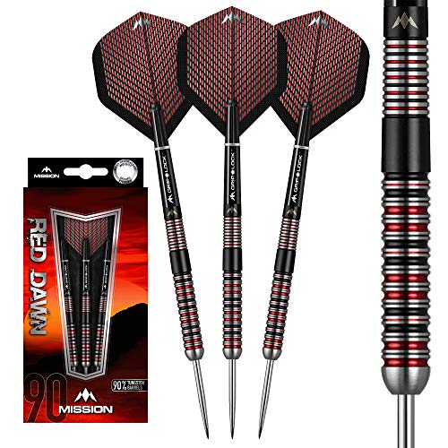 Mission Darts Red Dawn | Premium 90% Tungsten Barrel Steel Tip Dart Set with Flights, Mission Griplock Stems and Case, 26g, M1, Red/Black (D1525)