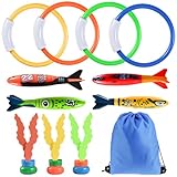 Faburo 12 Stück Tauchspielzeug Set, Tauchringe für Kinder ab 5-12 Jahren, Wasserspielzeug mit Torpedos Tauchringe Algenspielzeug für Sommer Unterwasserspiel Poolpartys