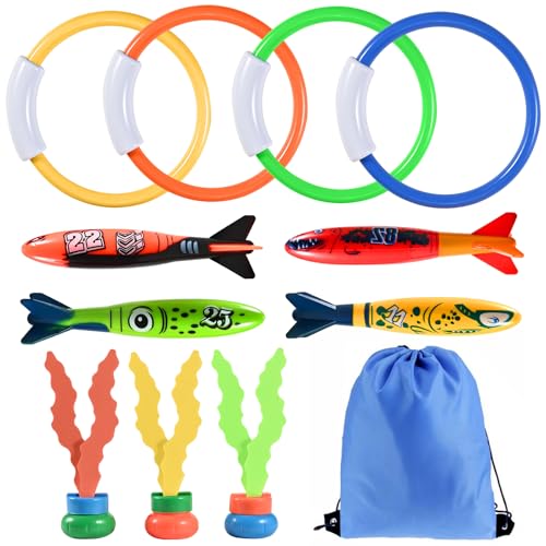 Faburo 12 Stück Tauchspielzeug Set, Tauchringe für Kinder ab 5-12 Jahren, Wasserspielzeug mit Torpedos Tauchringe Algenspielzeug für Sommer Unterwasserspiel Poolpartys