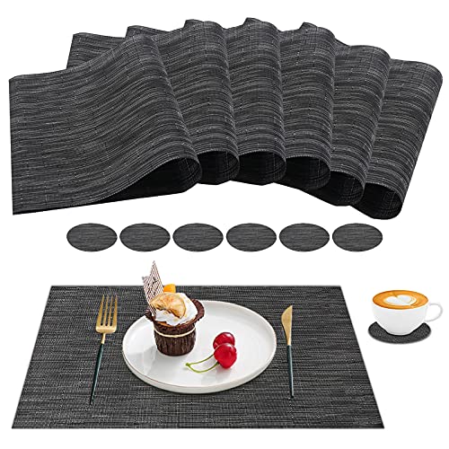 LKKCHER Lot de 12 sets de table résistants avec 6 sets de table + 6 dessous de verre, sets de table antidérapants et dessous-de-verre pour maison, restaurant, noir Cover