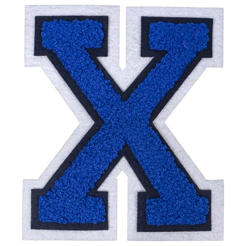 1 PCS 6 Inch Blue Chenille Letters Patches - Iron On Varsity Alphabet, Large Letters for Clothing, Backpacks, Hats, Jeans with White Border (X)