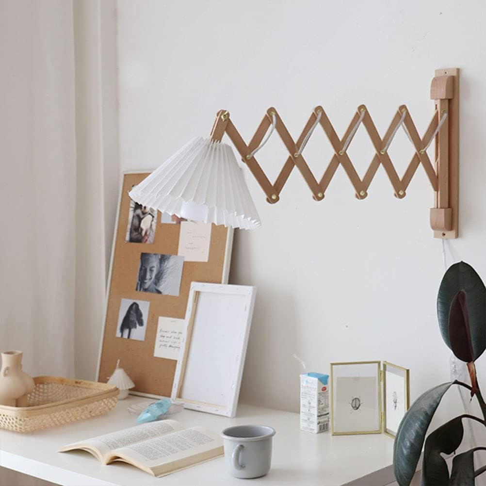 Retro Wall Light Indoor Wood Adjustable Telescopic Arm Scissor Lamp, Extendable Bedside Flexible Reading Light With Switch, Fabric Shade E27 Industrial Lighting for Bedroom