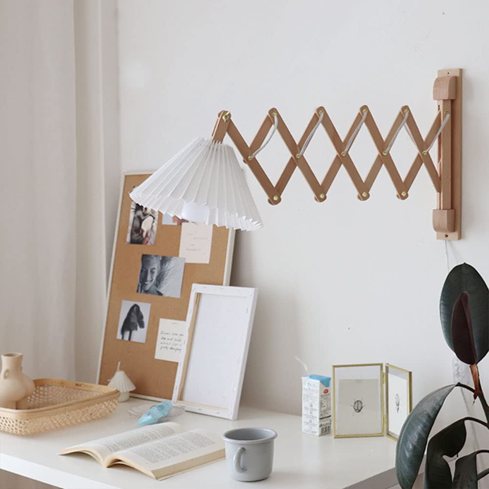 Holz Wandlampe mit Schalter Innen Vintage Wandleuchte Verstellbar Teleskoparm Scherenlampe Ausziehbar Flexible Wand-Leselampe Schlafzimmer Nachttischlampe mit Kabel Stoffschirm E27 Wandleuchtung Holz