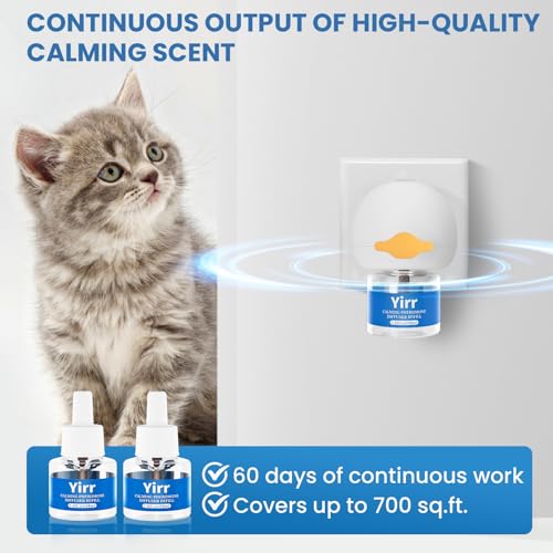 60 Tage Pheromone Katzen Beruhigung Steckdose Set, Entspannende Naturpheromone Lindern Stress Ängste bei Katzen Reduzieren Kratzverhalten Set mit 2 Steckdosen-Diffusoren 2 Nachfüllflaschen (je 48 ml)