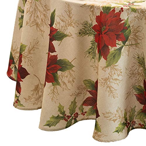 Elrene Home Fashions Festive Poinsettia Holiday Wrinkle Resistant Fabric Tablecloth, Multi, 70