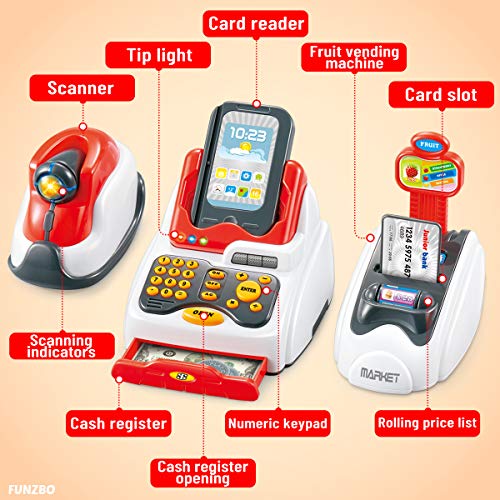 FunzBo Cash Register for Kids Toys - Grocery Store Pretend Play for Girls Boys Toy Cashier Registers with Scanner and Sound, Credit Card Reader, Money - Checkout Game for Kid Age 3 4 5 6 Years Old
