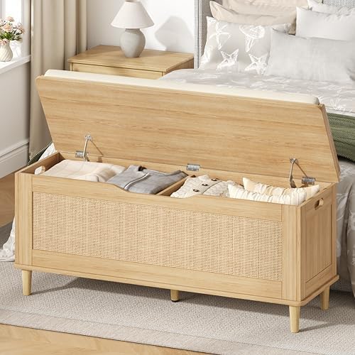 Keehusux 47.2" Rattan Storage Chest with Padded Seat Cushion, Ext...