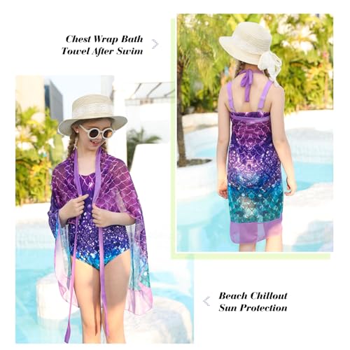 Image of UNIFACO Girls One Piece Swimsuit with Cover Up Skirt 2 Piece Bathing Suit Swimwear Sets 5-16T