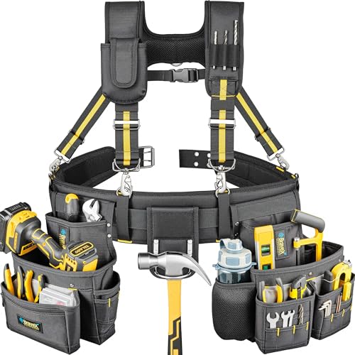 Bravex Tool Belt Ultra Anti-wear with Suspenders 10 Main Pockets and Smaller Pockets Sleeves Water Bottle Pouch