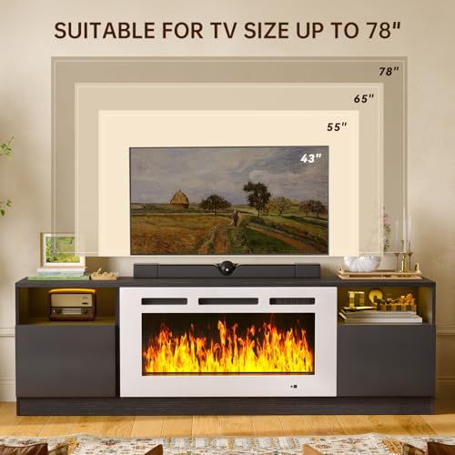 Image of MXV 70 inch Fireplace TV Stand for TVs Up to 80 inch, LED Light Entertainment Center with 36 inch Electric Fireplace, Modern Wood Texture TV Media Console with Highlight Storage Cabinet, Black-White