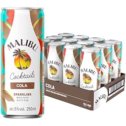 Malibu & Cola Cans – Pre-Mixed Caribbean Rum & Cola Cocktail – Ready to Drink - Case of 12 x 250ml