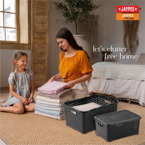 Image of Jaypee Plus Keep all 3 Plastic Storage Basket Organizers With Lid For Kitchen,Fridge, Office Wardrobe, Stationery, Household, Toys & Multipurpose use Pack of 3 Durable Box, Black