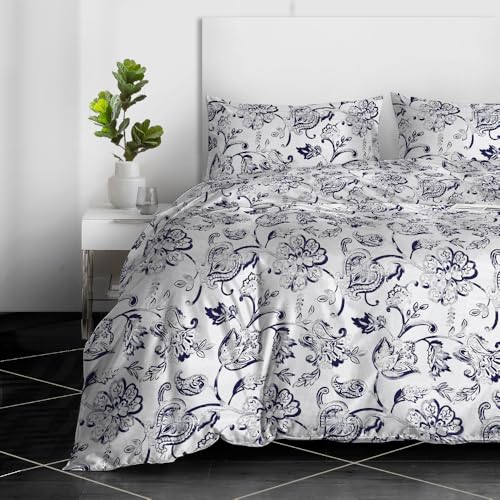 RAYBedding 3PCS Duvet Set 100% Egyptian Cotton Double Bed Set 400 Thread Count Floral Printed Vintage Floral Duvet Cover with Pillow Cases 2 Pack