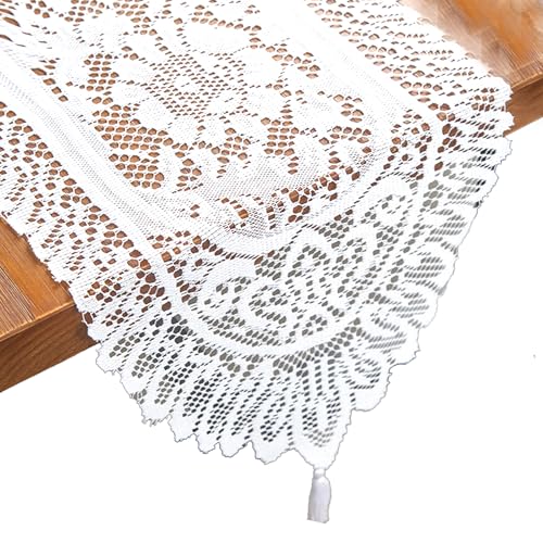 Camino de mesa de encaje blanco con borlas, 33 x 91 cm, vintage, elegante, floral, pequeña bandera bordada, decoración superior de encaje para boda, festival, centro de mesa, decoración de escritorio