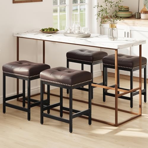 Image of MALOL Saddle Bar Stools Set of 4, 24 Inch Counter Height Backless Barstools - PU Leather Cushioned Seat, Metal Base & Footrest, Kitchen Island Breakfast Bar Chairs, Modern Brown