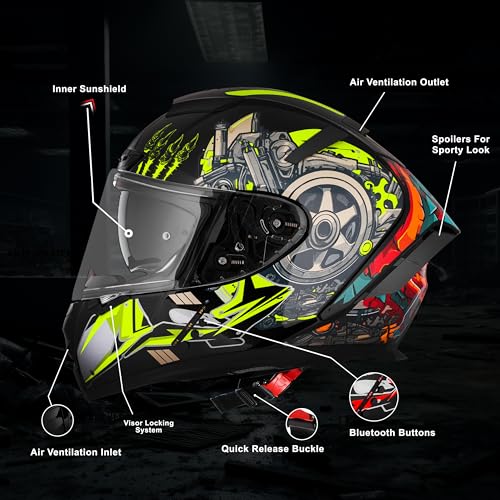 Image of Steelbird SBH-32 Trickster Bluetooth ISI and Dot Certified Full Face Helmet for Men and Women with Inner Smoke Sun Shield