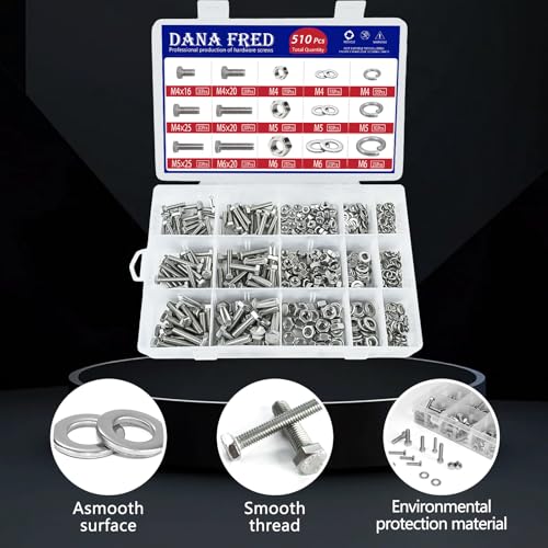 Hex Flat Head Bolts M4 M5 M6 Metric Threaded Hexagon Machine Screws Nuts Metal Hardware Fastener Flat and Lock Washers SAE Assortment Kit Set 304 Stainless Steel 510pcs