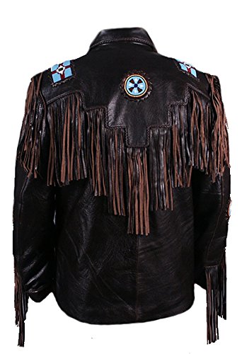 Classyak Men's Cowboy Leather Jacket, Beaded, Bones & Fringes2