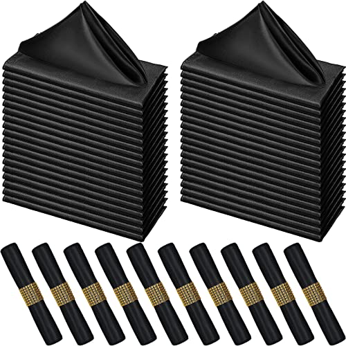 100 Pack Satin Napkins Cloth With Gold Napkin Rings 17 X 17 Inch Square Table Napkins Washable Soft Satin Napkins Reusable Dinner Napkins Bulk Pack For Weddings Party Banquet Restaurant Hotel (Black) #TOP12