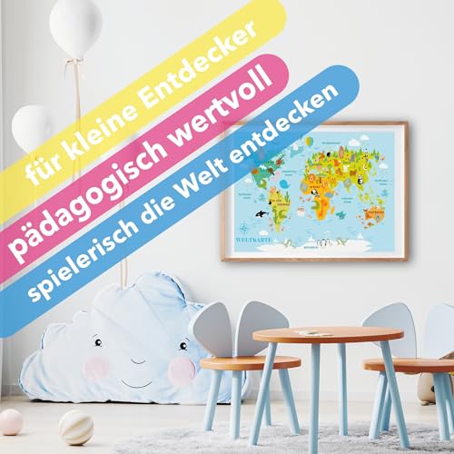 Lineo® Bunte Weltkarte für Kinder XL Kinderweltkarte Poster; Lern- und Spaßkarte für junge Entdecker mit Tieren & Kontinenten Kunstdruck 60 x 42 cm