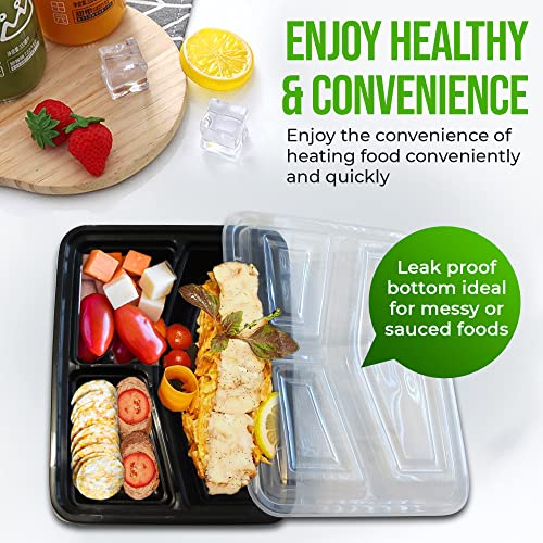 Fonteme 3 Compartment Meal Prep - 25 Pack - Food Container With Airtight Lids – Easy Portion Control – Freezer & Microwave Safe - Stackable – Bpa Free Plastic – Rectangular Disposable Storage Container (Black) #TOP5