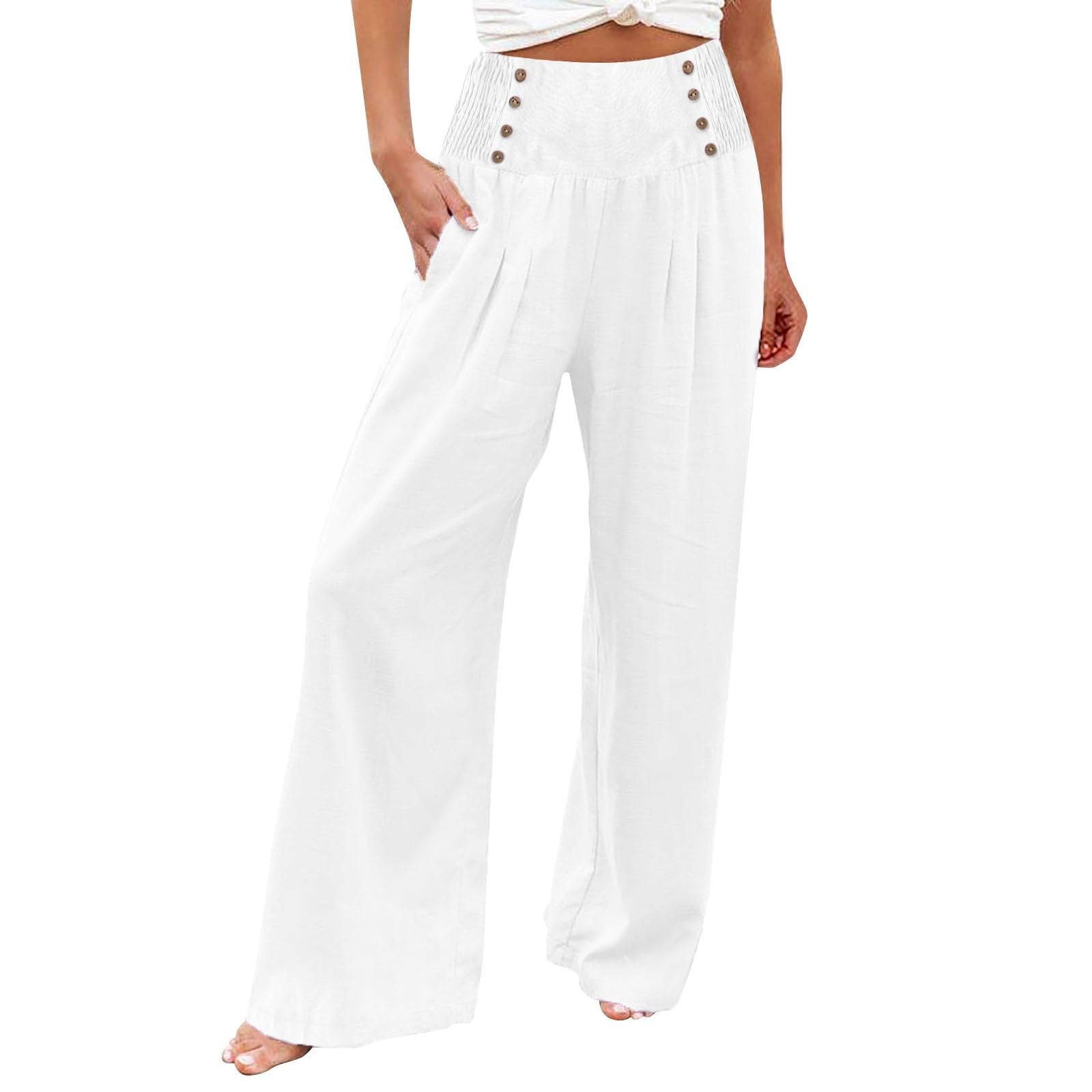 FlekmanArt Linen Wide Leg Pants Women Comfy Flowy High Waisted Beach Palazzo Pants with Pockets 2025
