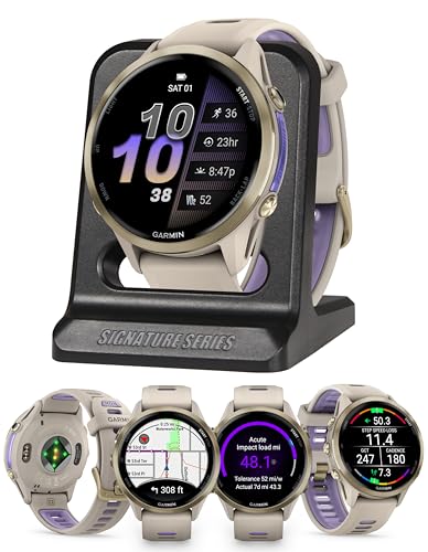 Garmin Forerunner 970 Premium Triathlon GPS Smartwatch, Soft Gold | Bright AMOLED Display, Built-in Mapping, Training Readiness with Signature Series Modern Power Stand Bundle