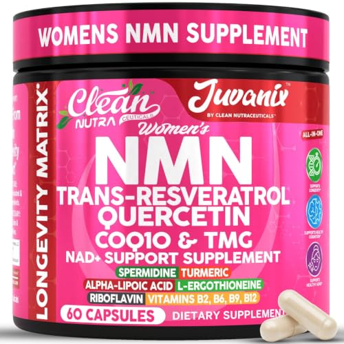 Clean Nutra Juvanix NMN Supplement for Women with CoQ10, Resveratrol, Quercetin, Spermidine, TMG Complex - Anti Aging Vitamins for Women NAD+ Support Radiance Formula - 60 Vegetarian Capsules