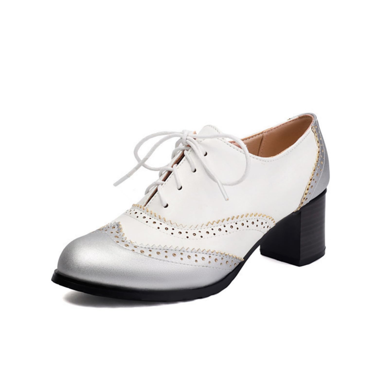 Donna Chiusa Punta Tonda Scarpe Oxford Allacciare Vintage Brogue Décolleté Tacco Grosso Formali Scarpe da Vestito
