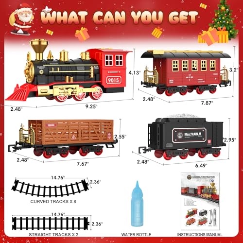 hot bee train set - train toys for boys with smokes lights and sound toy train set for under christmas tree toddler model trains for 3 4 5 6 7 8 years old kids christmas toys gifts
