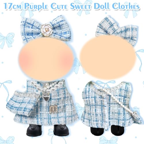 Blaue Puppe Kleidung 17cm Puppen Klassiker Check Elegante Puppe Kleidung Zubehör Set mit Kleidern Haarclips Tasche Schuhe Halskette für Mädchen Geburtstagsgeschenk, Keine Puppe