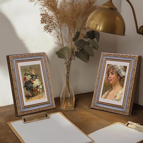 Image of eletecpro 4x6 Vintage Picture Frame, Glass Cover, Blue Gold, 2-Pack | Display Photo 3.5x5 with Mat or 4x6 without, Horizontal or Vertical, Tabletop or Wall Decor