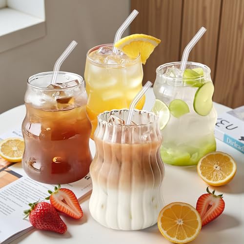 UHAPEER Ribbed Glass Cups Set of 4: 18OZ Vintage Aesthetic Iced Coffee Glasses with Straws, Cute Drinking Glasses with Wave Shape Design, Matcha Glass Cup Bubble Cups for Juice, Tea, Beverage, Gift by UHAPEER - Used condition - US$21.33