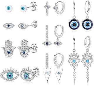 Kakonia 9 Pairs Evil Eye Earrings for Women 14k Silver Gold Plated Evil Eye Huggie Hoop Dangle Earrings and Stud Earrings Set Dainty White Blue Cubic Zircon Eye Earrings For Teen Girls