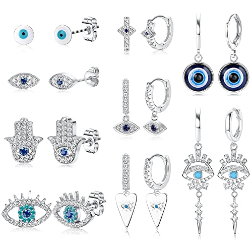 Kakonia 9 Pares Evil Eye Pendientes para Mujer 14k Plata chapado en oro Evil Eye Huggie Hoop Dangle Pendientes y Stud Earrings Set Dainty Blanco Azul Cubic Zircon Eye Earrings
