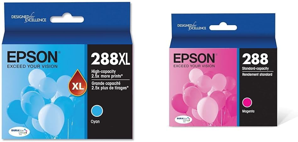 Epson 288 DURABrite Ultra Ink Cyan T288XL220-S & Magenta T288320-S Cartridge Bundle for XP-330, XP-430, XP-434, XP-340, XP-440, XP-446 Printers